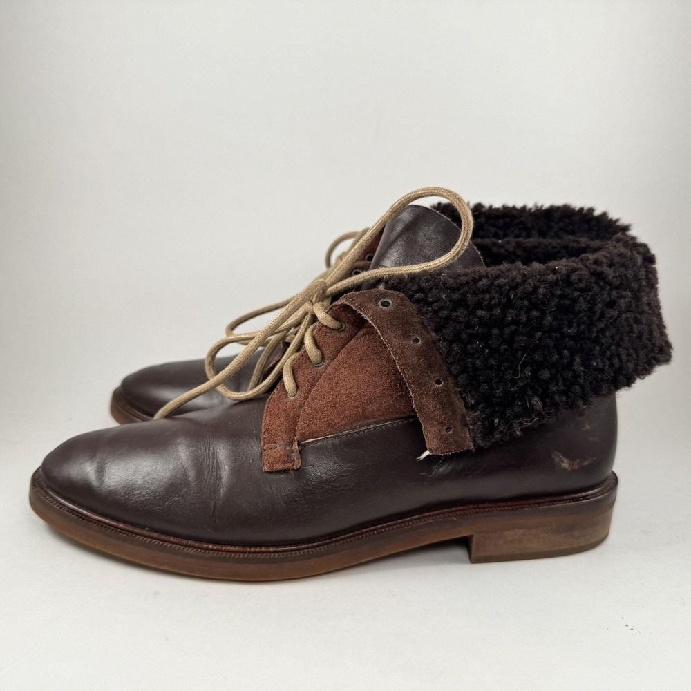 Brown Leather‎ Suede Lace Up Boots Faux Fur Lined Fold Over Ankle Ann Taylor - Picture 16 of 16